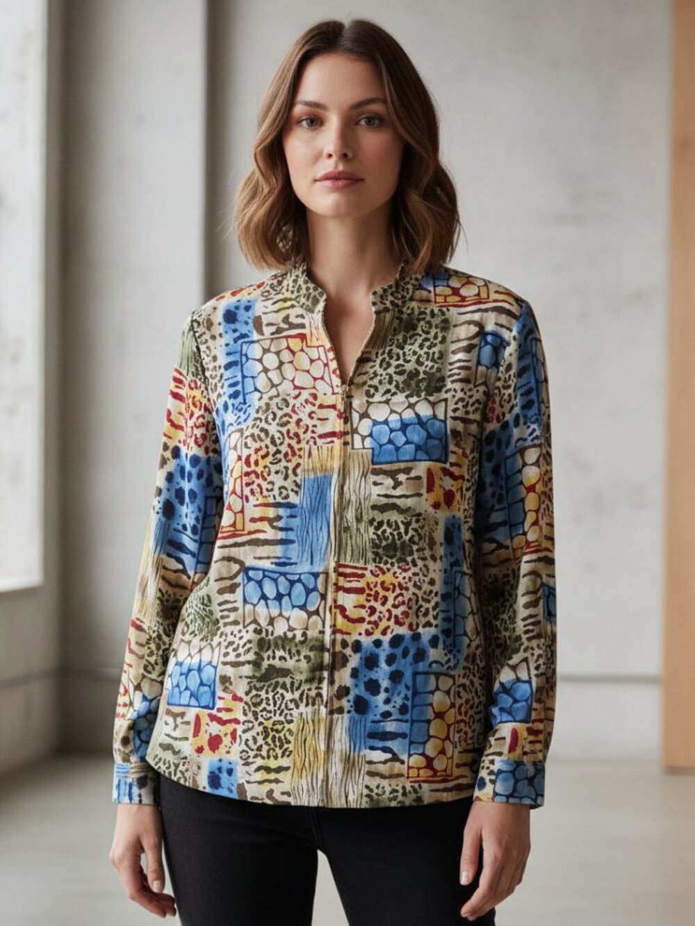 Alfred Dunner Size 16 Abstract Animal Patchwork Zip Top Jacket Blazer Office